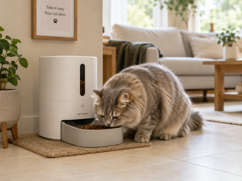 Automatic cat feeder dispensing dry cat food for a first-time cat owner with a busy schedule
