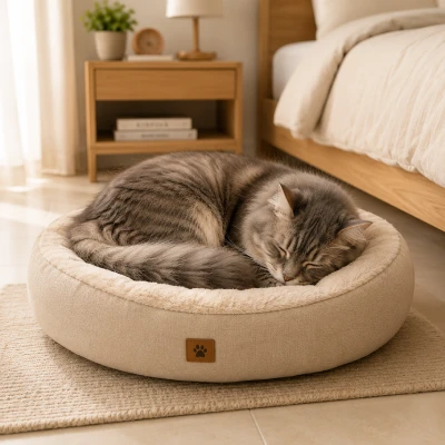 A cat sleeping comfortably in a plush cat bed