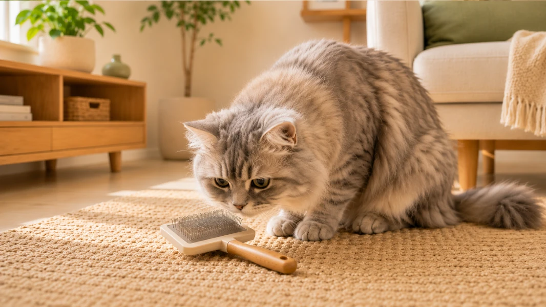 A cat being brushed with a soft grooming brush