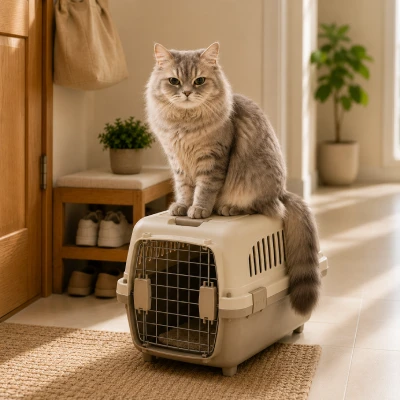 A cat inside a secure hard-shell cat carrier