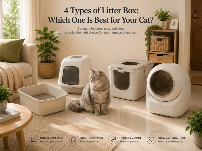 Four types of cat litter boxes for first-time owners: open, covered, top-entry, and self-cleaning shown side by side
