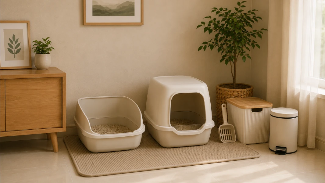 Different types of cat litter boxes including covered and uncovered options