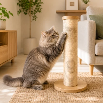 A cat using a tall sisal scratching post