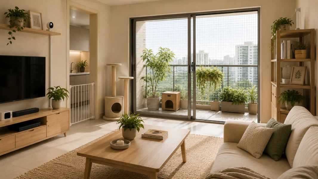 An apartment living room with cat-proofing measures in place