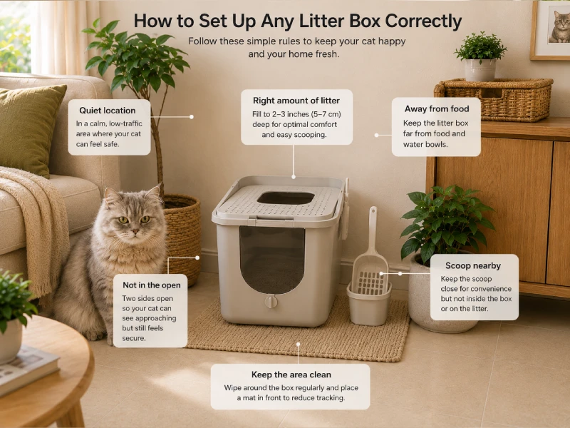 Correctly placed cat litter box in a quiet corner with two open sides for easy access, away from feeding area