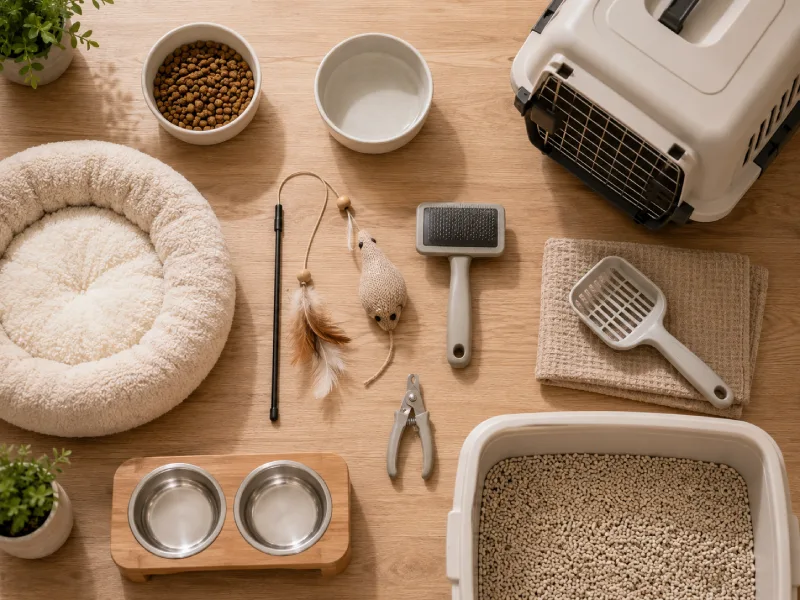 Essential cat supplies for first-time owners including food bowl, litter scoop, cat toy, brush, and cat carrier