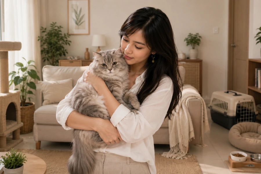 A first-time cat owner holding their cat at home, surrounded by basic cat supplies
