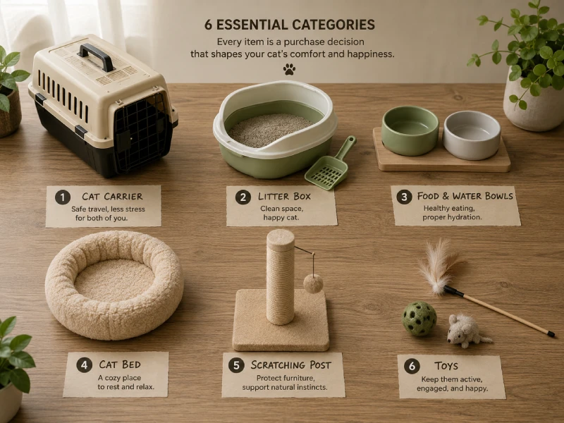 Complete new cat supply checklist laid out flat: food bowl, litter scoop, cat bed, toy, brush, and carrier