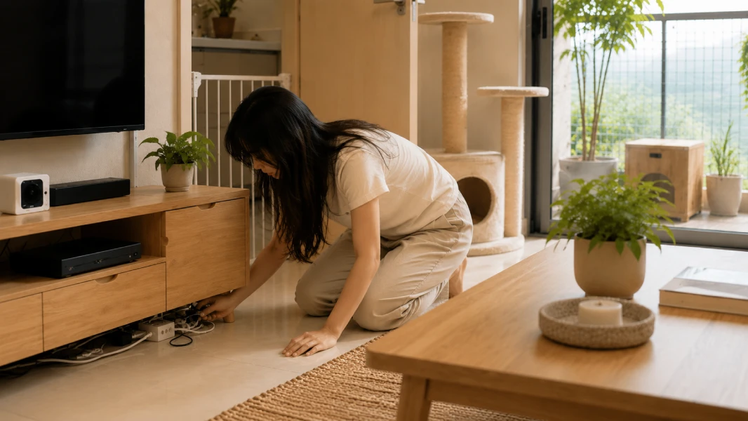 A first-time cat owner preparing their home before bringing a new cat home, checking floor-level hazards