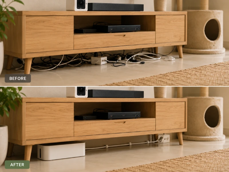 Cat-proofed living room floor with cables secured using cable clips and a cable management box