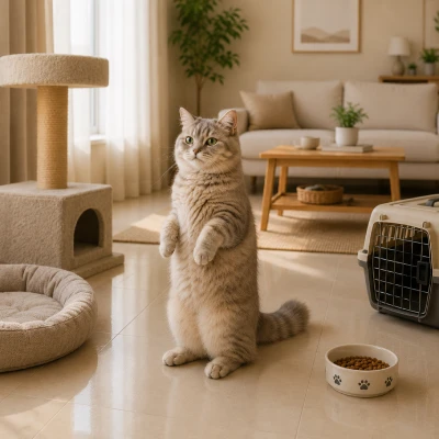 A living room being prepared for a new cat with supplies in place
