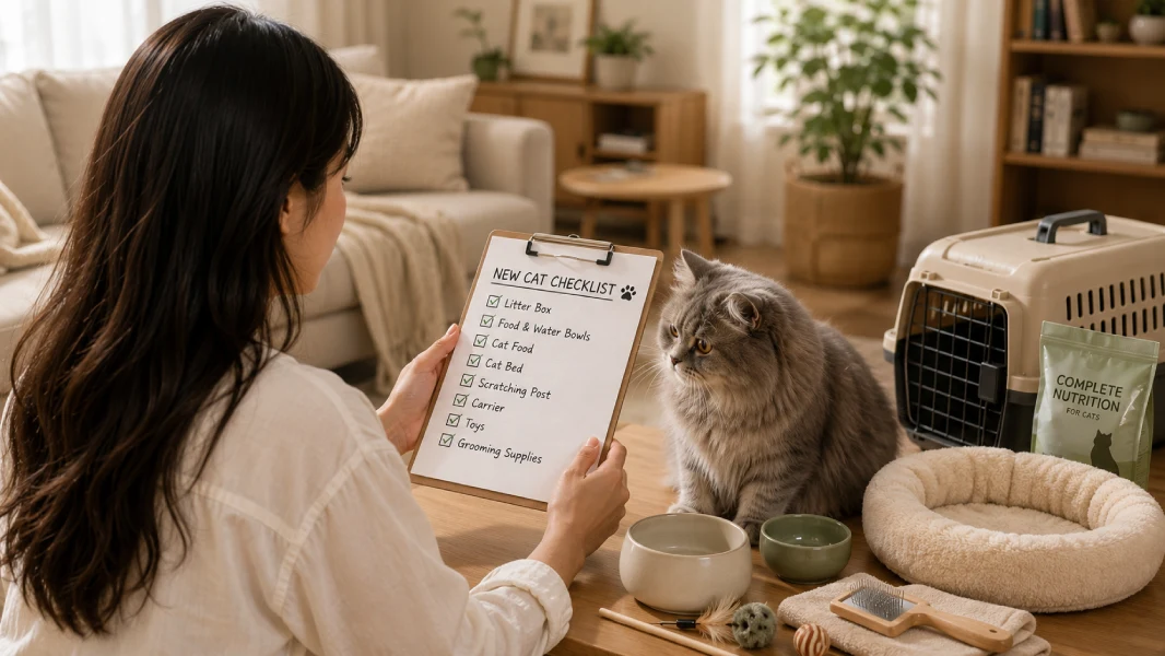 A first-time cat owner reviewing a new cat checklist with essential supplies nearby