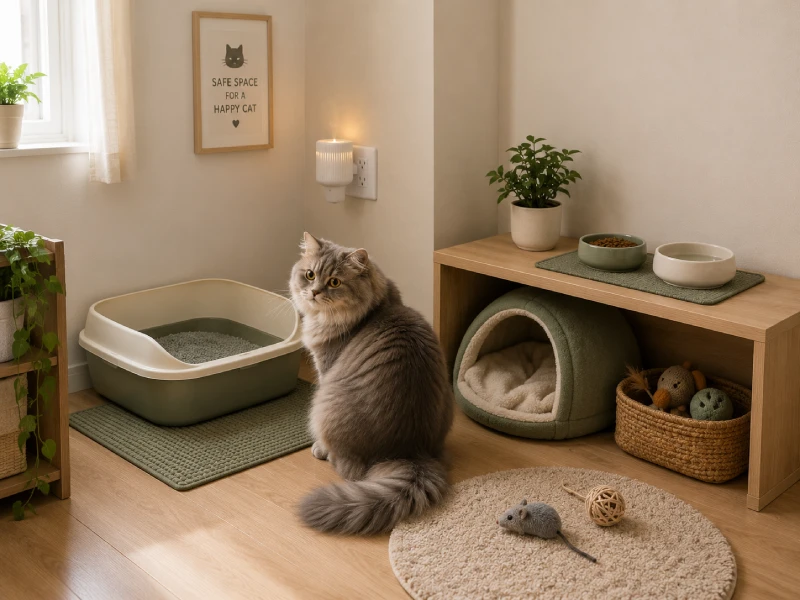 A safe room setup for a new cat with litter box, food bowl, water, and a bed arranged in one corner of a room