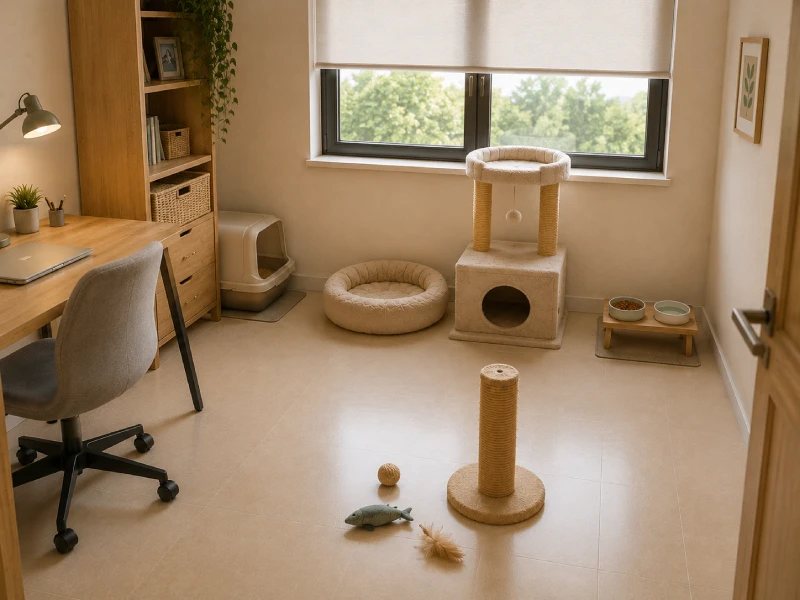 A safe room setup for a new cat, including a litter box, food bowl, water bowl, and cat bed arranged in a small room