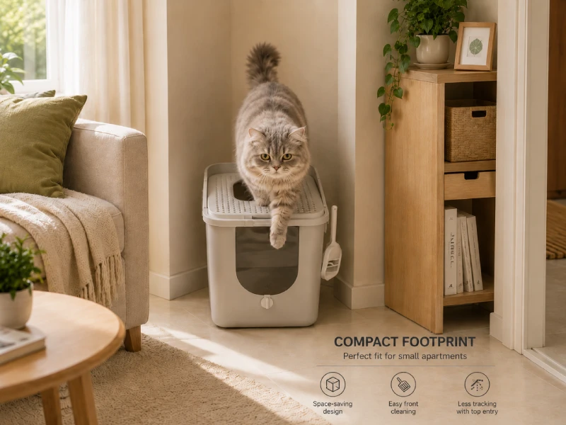 Top-entry cat litter box placed in a small apartment corner with minimal floor space and no litter tracking