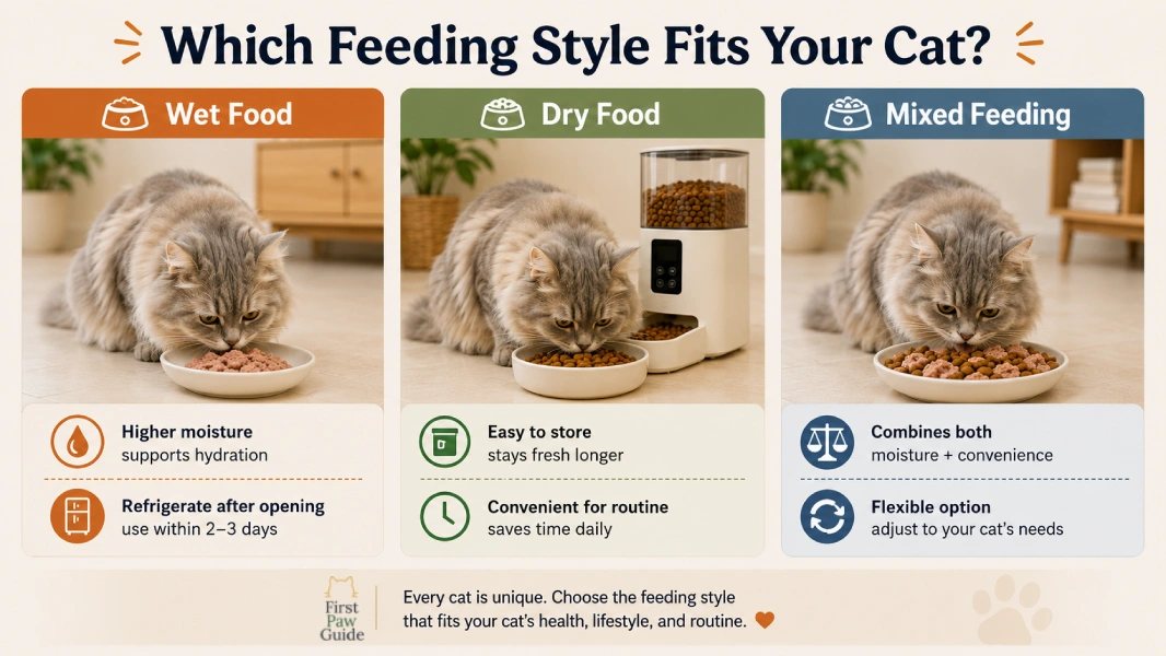 Three cat feeding options shown equally: wet food bowl, dry food bowl, and mixed feeding setup for first-time cat owners