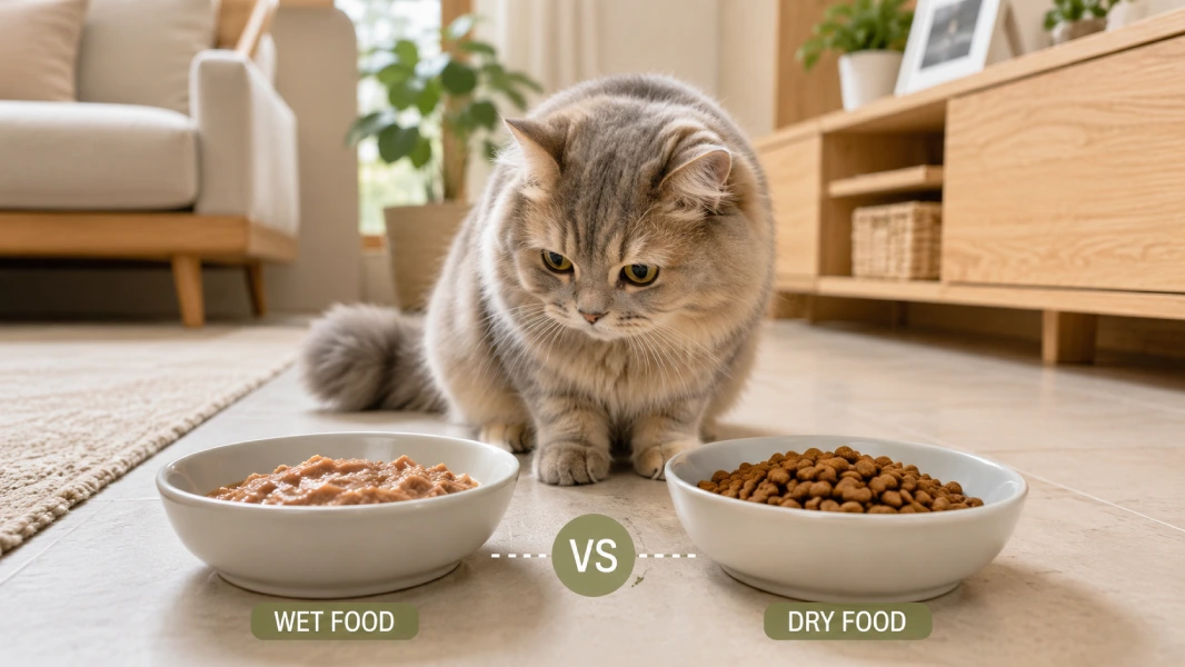 Side-by-side comparison of wet cat food and dry cat food in bowls for a first-time cat owner choosing between them