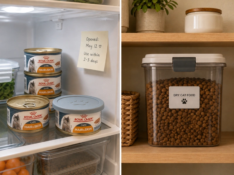 Wet cat food stored in refrigerator and dry cat food stored in airtight container showing different storage requirements