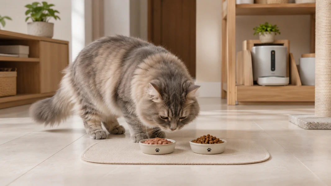 Cat food bowls showing wet food and dry kibble side by side