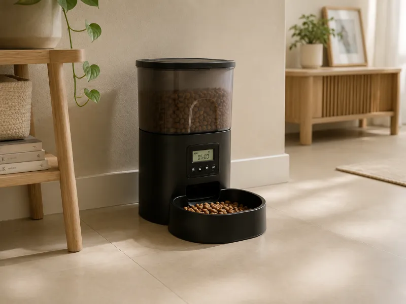 An automatic cat feeder placed in a consistent floor location in a home feeding area, powered on and ready for use, with a portioned bowl visible
