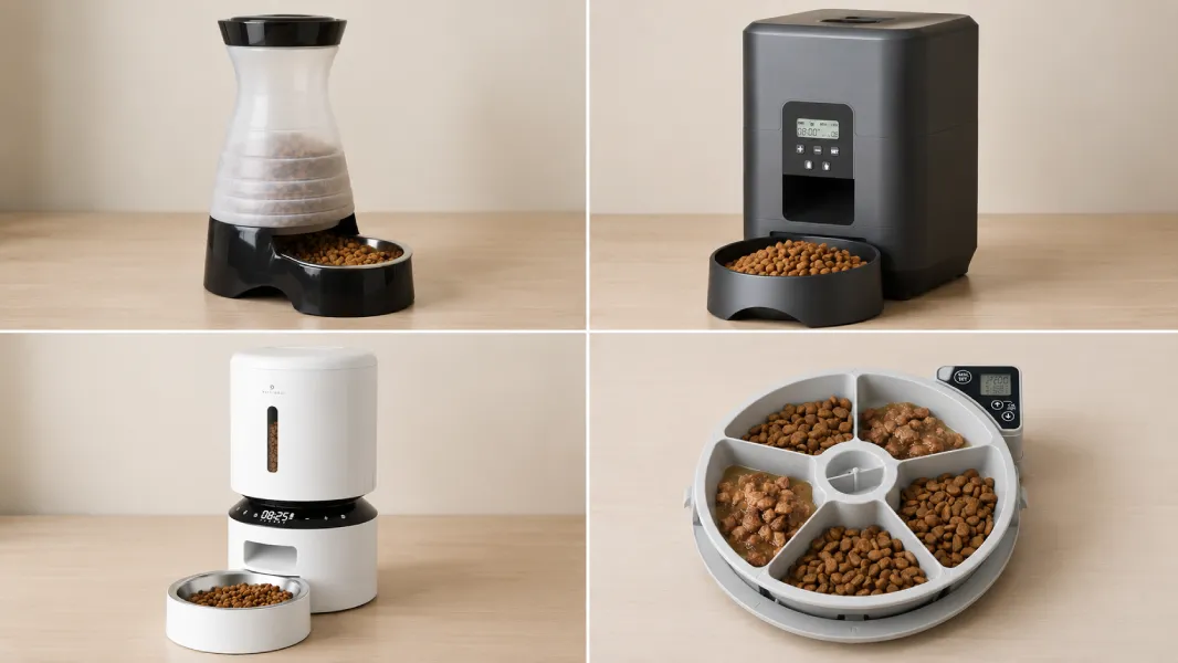 Four types of automatic cat feeders side by side: a gravity feeder, a programmable portion-control feeder, a smart Wi-Fi connected feeder, and a wet food compatible rotating tray feeder