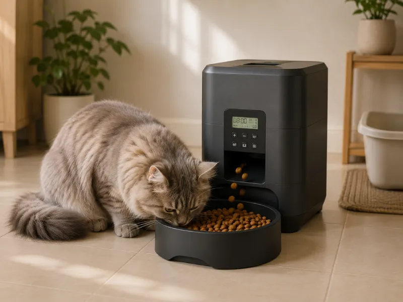 A cat eating from the bowl of a programmable automatic feeder in a home kitchen, with no person present