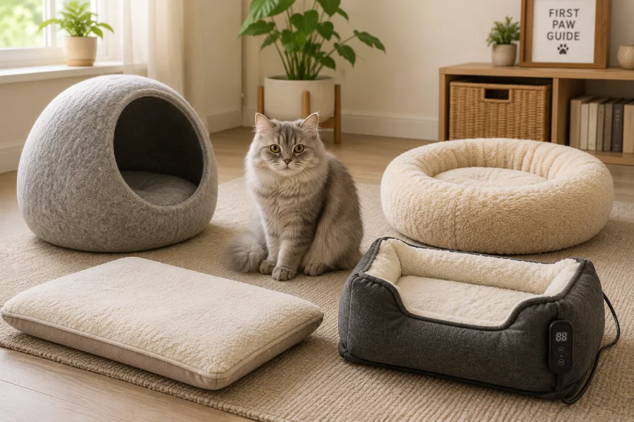 Four types of cat beds side by side: an enclosed cave bed, an open flat cushion, a bolster donut bed, and a heated cat bed
