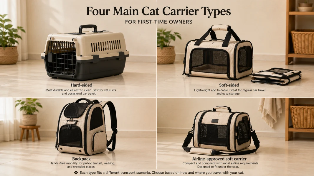 Four types of cat carriers side by side: a hard-sided plastic carrier, a soft-sided fabric carrier, a backpack cat carrier, and an airline-approved soft carrier