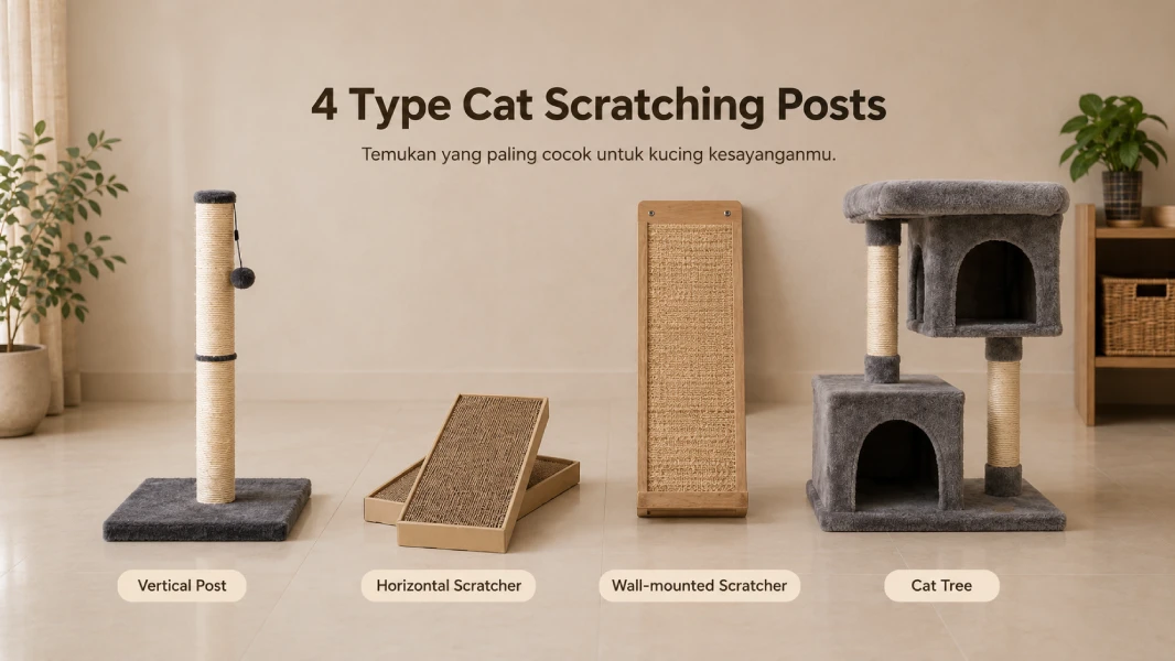 Four types of cat scratchers side by side: a tall vertical sisal post, a horizontal cardboard scratcher, a wall-mounted sisal panel, and a cat tree with sisal scratching surfaces