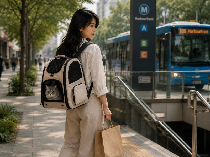 A person walking on a city street with a cat backpack carrier worn on their back, both hands free