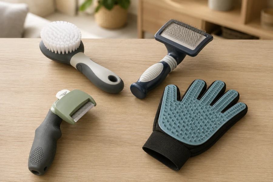 Four types of cat grooming brushes side by side: a bristle brush, a slicker brush with fine wire pins, a deshedding tool, and a rubber grooming glove