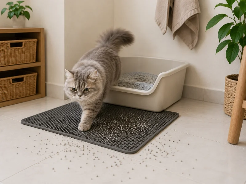 Litter tracking visible around a cat litter box on a home floor, with a litter mat placed in front of the box entrance
