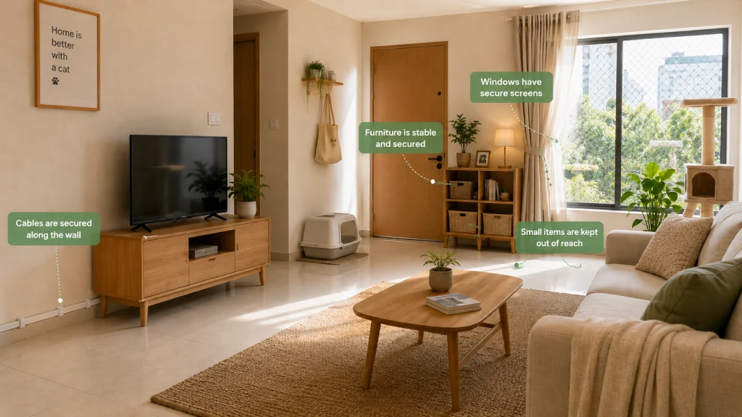 A tidy apartment living area with cords routed along the wall, stable furniture, and a window with a visible screen installed — a cat-proofed environment ready for a first cat
