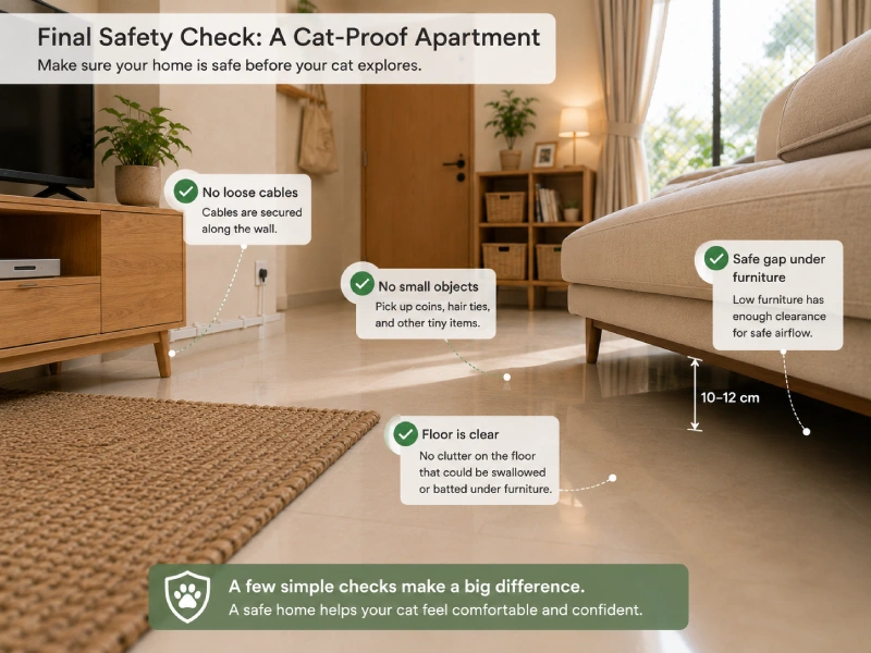A person crouching at floor level in an apartment living room, looking across the floor from cat height to identify hazards that are not visible when standing