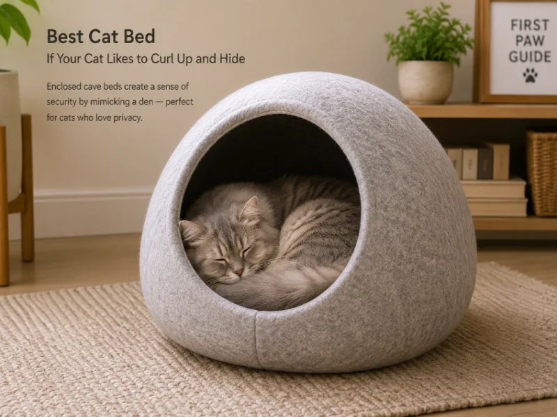 A cat resting comfortably inside an enclosed cave bed placed in a quiet corner of a home