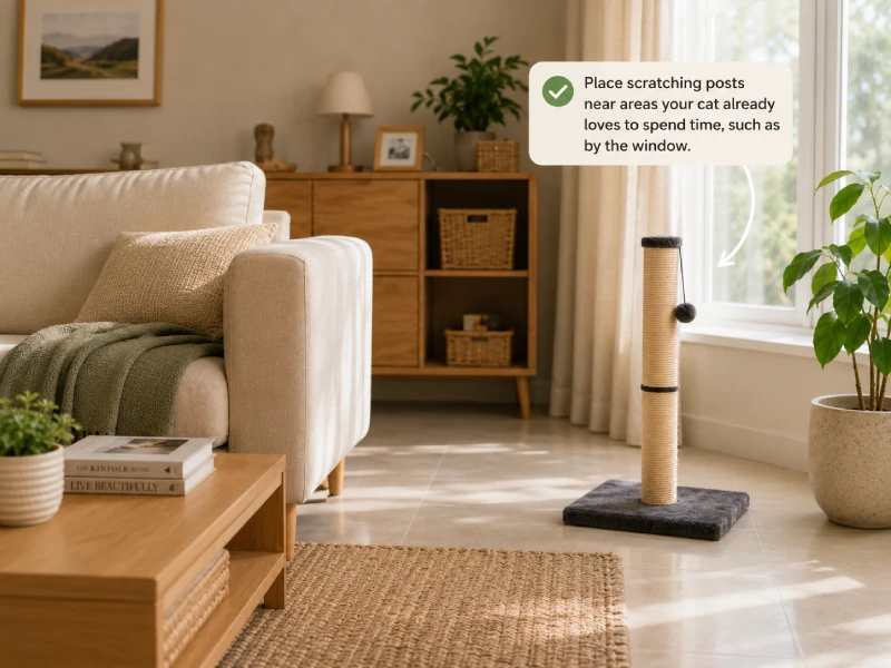 A tall cat scratching post placed directly beside a sofa in a living room, showing correct proximity placement next to furniture