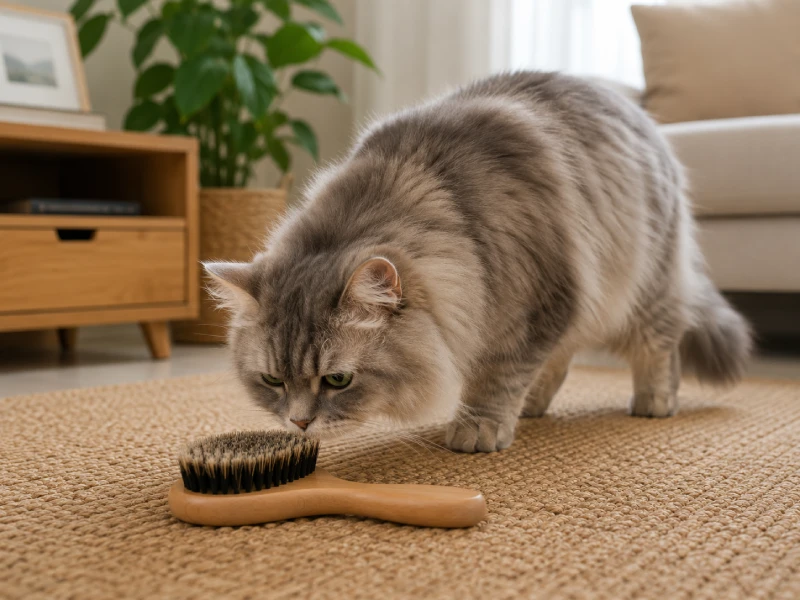 A cat sniffing and investigating a cat brush placed on the floor, exploring it voluntarily before any grooming session begins