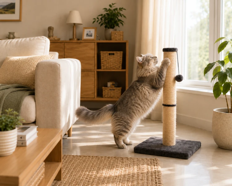 A cat fully stretched and scratching a tall sisal post placed next to a sofa in a living room