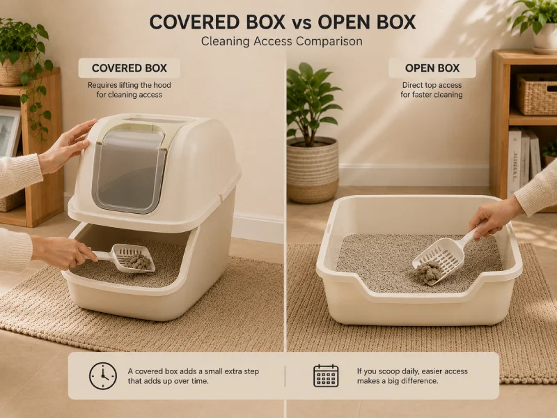 Comparison of cleaning access between a covered cat litter box and an open cat litter box showing the extra step required for hooded boxes