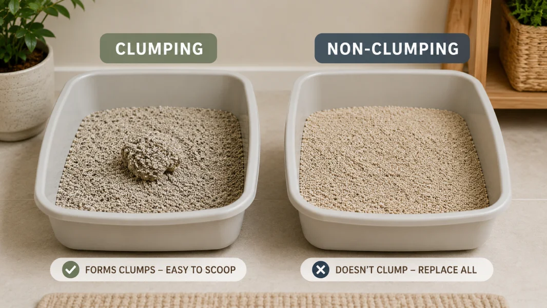 Two types of cat litter side by side: clumping litter on the left with formed clumps visible, non-clumping litter on the right