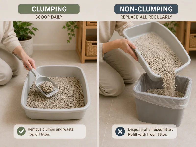 Left: a litter scoop lifting a clump from clumping litter. Right: an open litter box with non-clumping litter ready for full replacement.