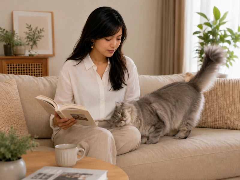 A person sitting at home with their cat approaching them naturally, showing everyday interaction as the basis for knowing what is normal for an individual cat