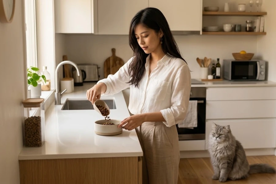 A person preparing cat food in a home kitchen while their cat waits nearby, showing a typical morning feeding routine