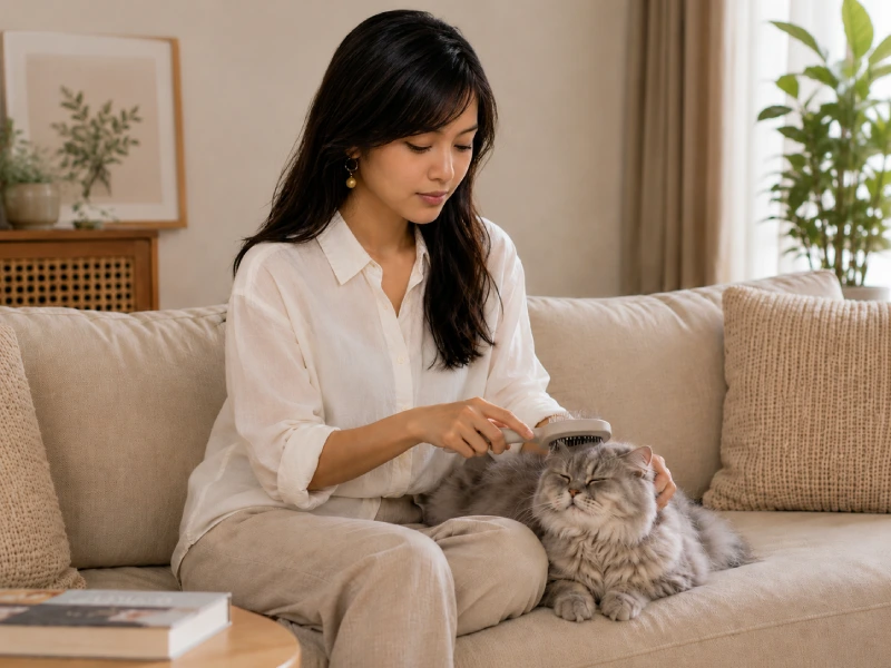 A person gently brushing a relaxed cat while sitting on a sofa at home, showing weekly grooming as a natural part of a cat ownership routine