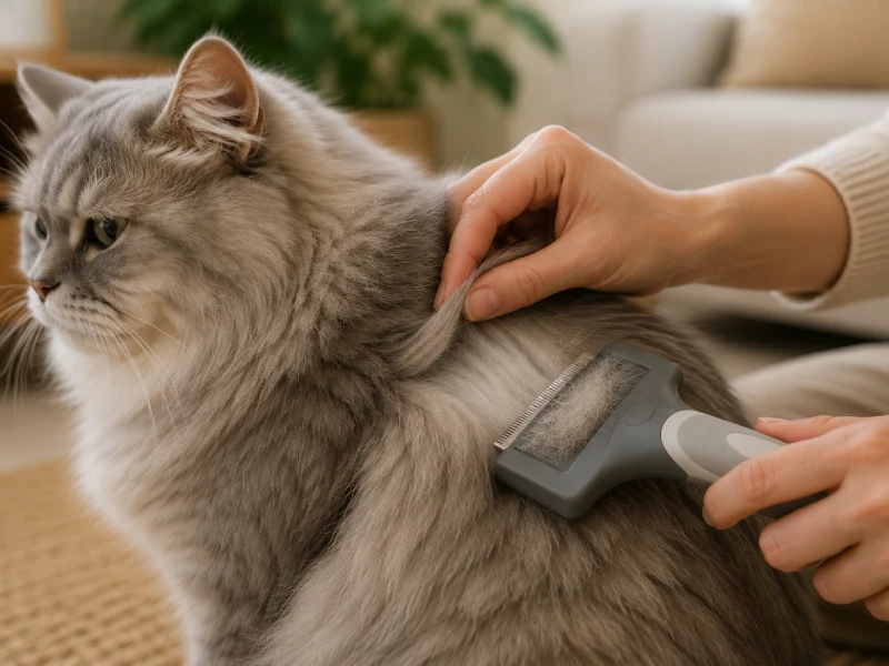 Left: close-up of a short-haired cat's single coat with a smooth, even texture. Right: close-up of a double-coated cat's dense, layered coat showing visible undercoat depth.