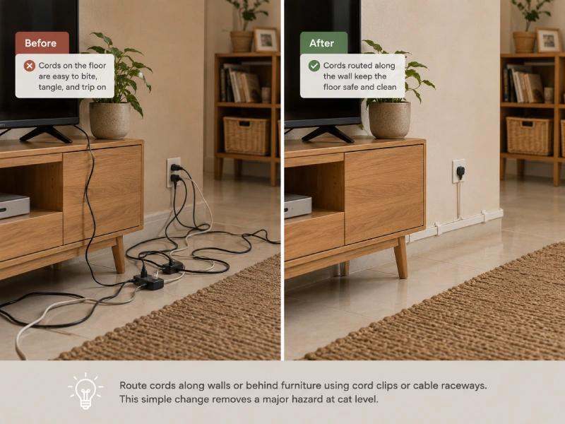 Left: electrical cords trailing across the floor and hanging from a low surface in a typical apartment. Right: the same cords routed along the wall with cable clips, floor completely clear.