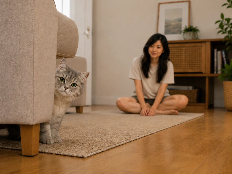 A new cat hiding under furniture during their first week at home, a normal adjustment behavior for first-time cat owners