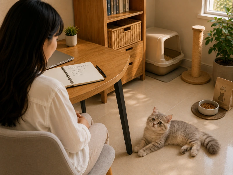 A person making simple budget notes at home with cat items visible in the background, showing practical financial preparation before a cat arrives