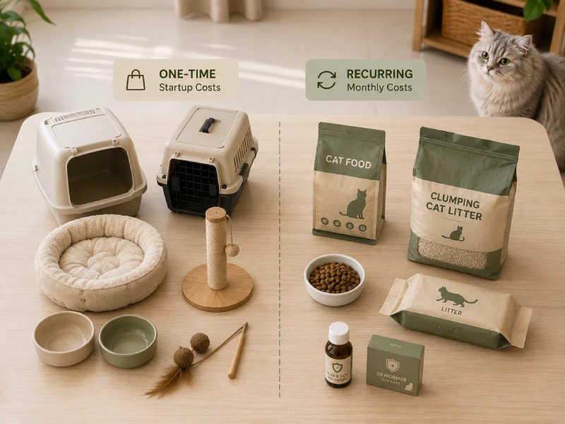 Two groups of items shown side by side: cat supplies purchased once (litter box, carrier, bowls) on one side, and replenishable items (food, litter) on the other, illustrating the difference between startup and recurring cat ownership costs