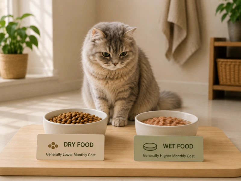 Dry cat food kibble on the left and wet cat food cans on the right, showing the two main food format options that most influence monthly cat ownership costs